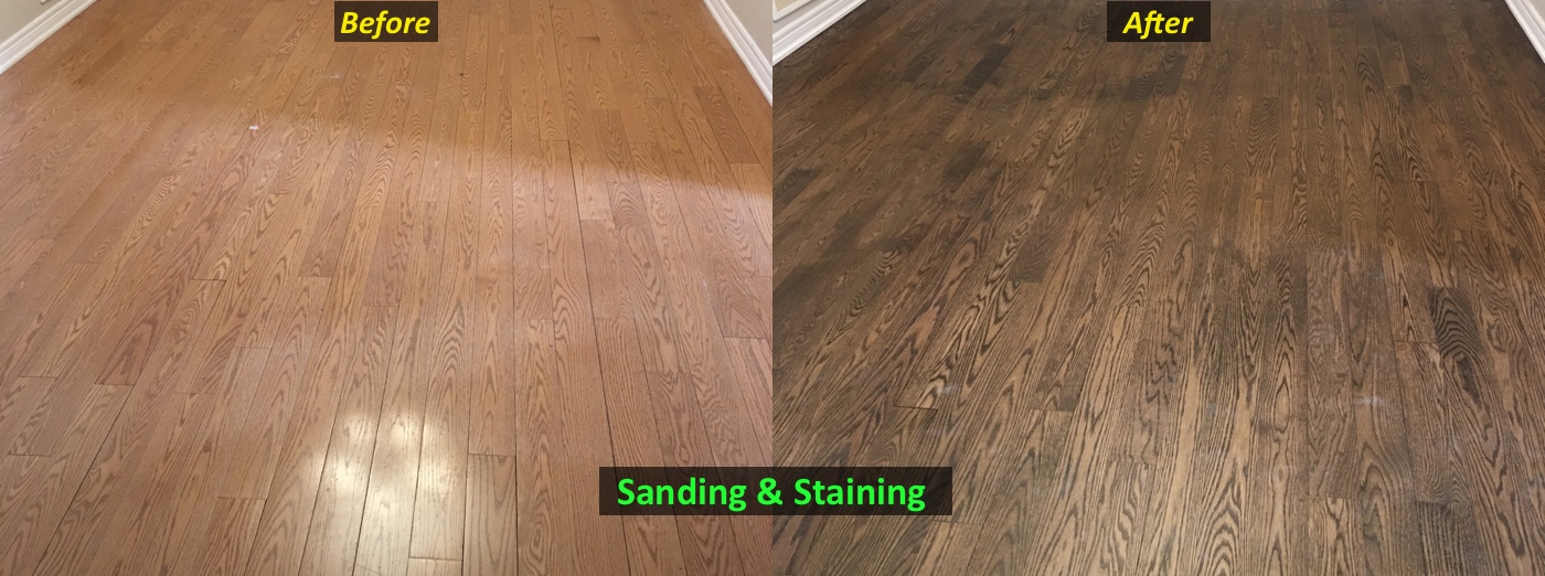 before and after of a floor sanded and stained