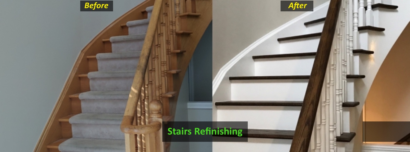 before and after of a stairs refinished removing carpet