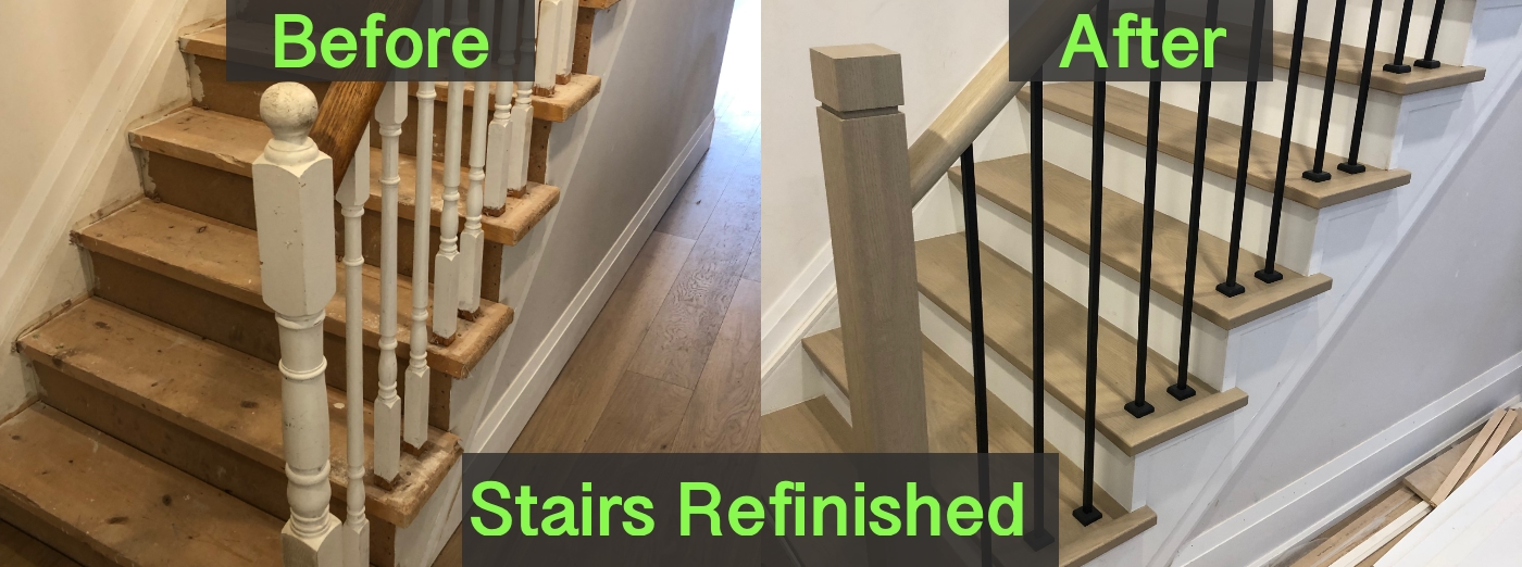 before and after of a stair case refinished